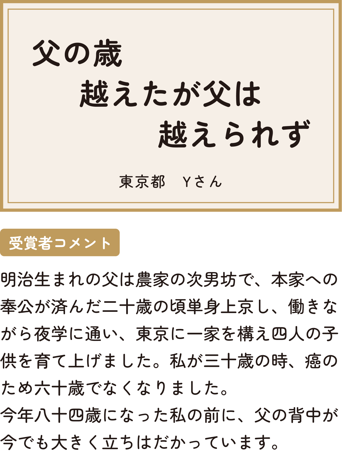父の歳越えたが父は越えられず 東京都 Yさん 受賞者コメント 明治生まれの父は農家の次男坊で、本家への奉公が済んだ二十歳の頃単身上京し、働きながら夜学に通い、東京に一家を構え四人の子供を育て上げました。私が三十歳の時、癌のため六十歳でなくなりました。今年八十四歳になった私の前に、父の背中が今でも大きく立ちはだかっています。
